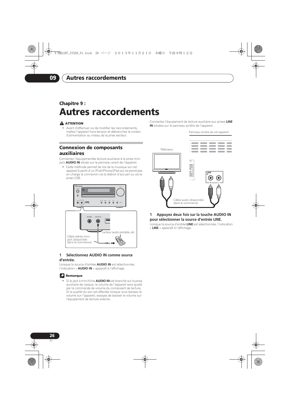 09 autres raccordements, Connexion de composants auxiliaires, Autres raccordements | Autres raccordements 09, Chapitre 9, Timer | Pioneer X-HM21BT-S User Manual | Page 62 / 256