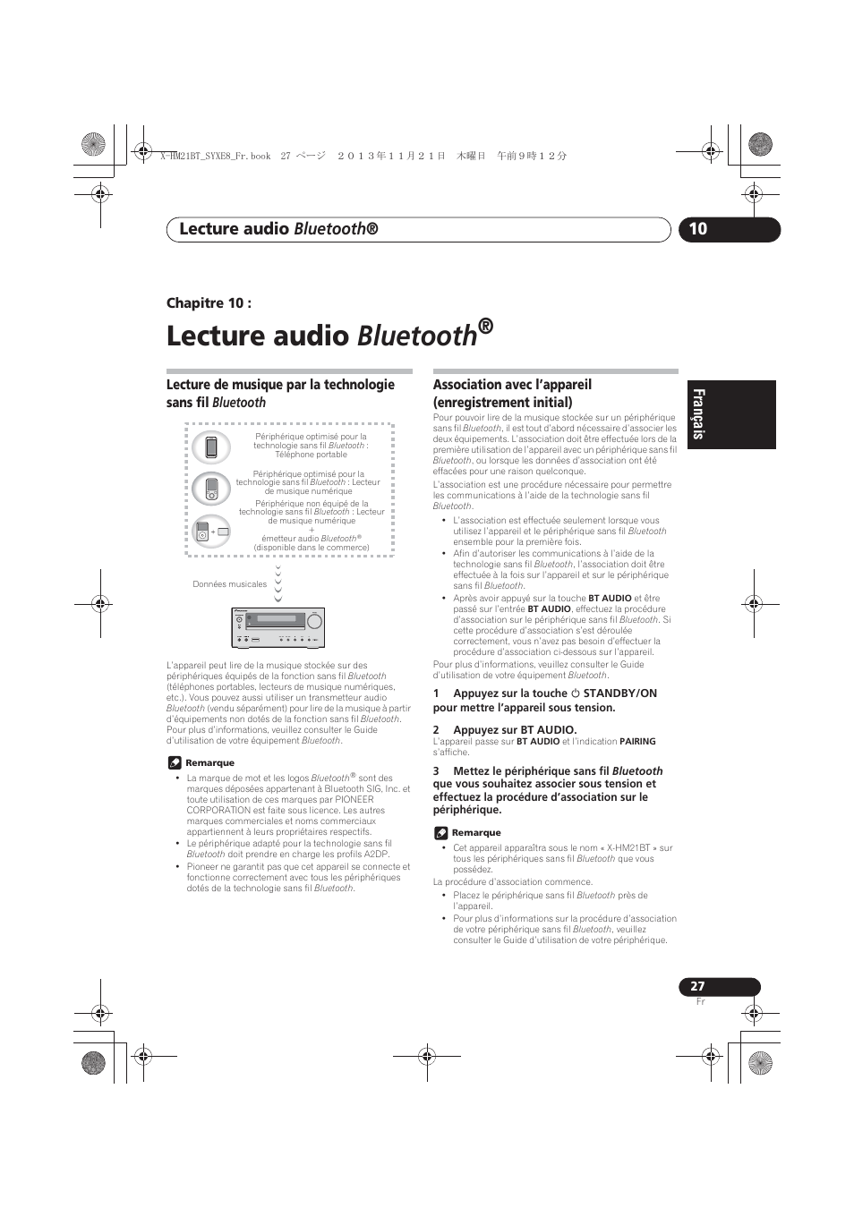 10 lecture audio bluetooth, Lecture de musique par la technologie sans fil, Bluetooth | Association avec l’appareil (enregistrement, Initial), Lecture audio bluetooth, Chapitre 10 | Pioneer X-HM21BT-S User Manual | Page 63 / 256