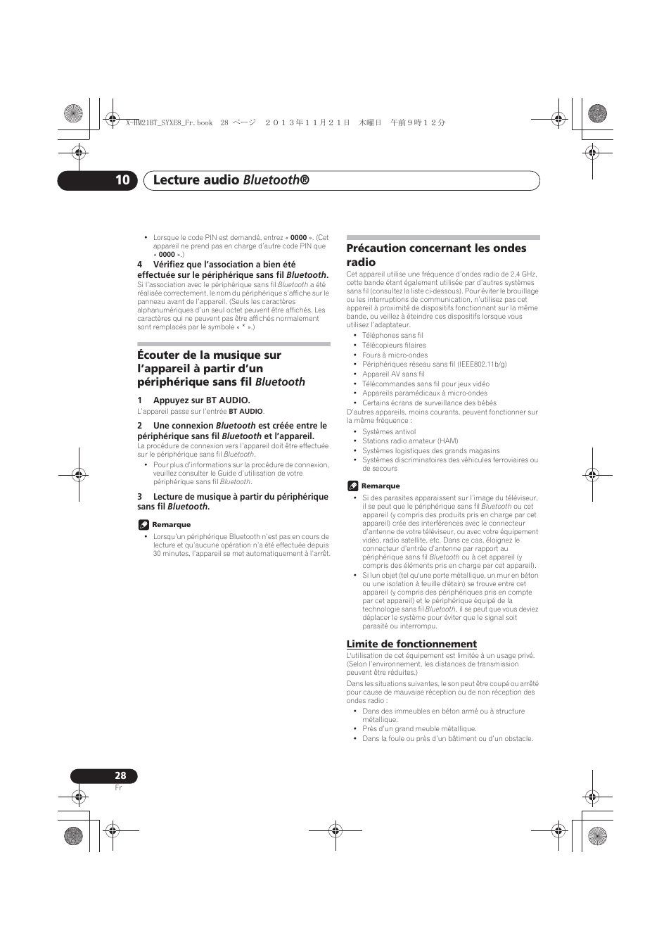 Écouter de la musique sur l’appareil à partir d’un, Périphérique sans fil bluetooth, Précaution concernant les ondes radio | Limite de fonctionnement, Lecture audio bluetooth | Pioneer X-HM21BT-S User Manual | Page 64 / 256