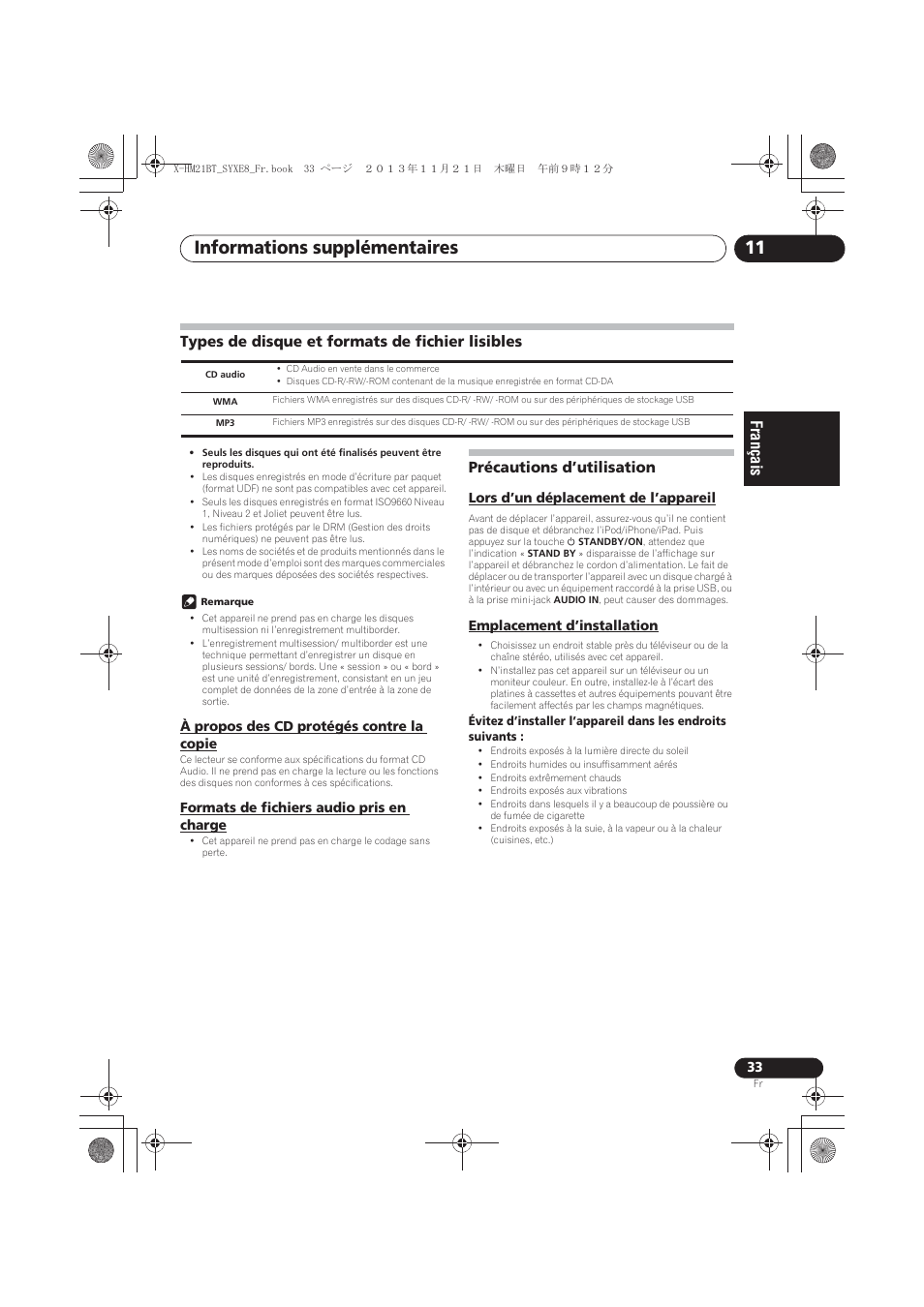 Types de disque et formats de fichier lisibles, À propos des cd protégés contre la copie, Formats de fichiers audio pris en charge | Précautions d’utilisation, Lors d’un déplacement de l’appareil, Emplacement d’installation, Informations supplémentaires 11 | Pioneer X-HM21BT-S User Manual | Page 69 / 256