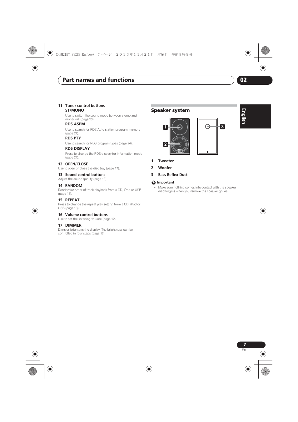 Speaker system, Part names and functions 02, English français español | Pioneer X-HM21BT-S User Manual | Page 7 / 256