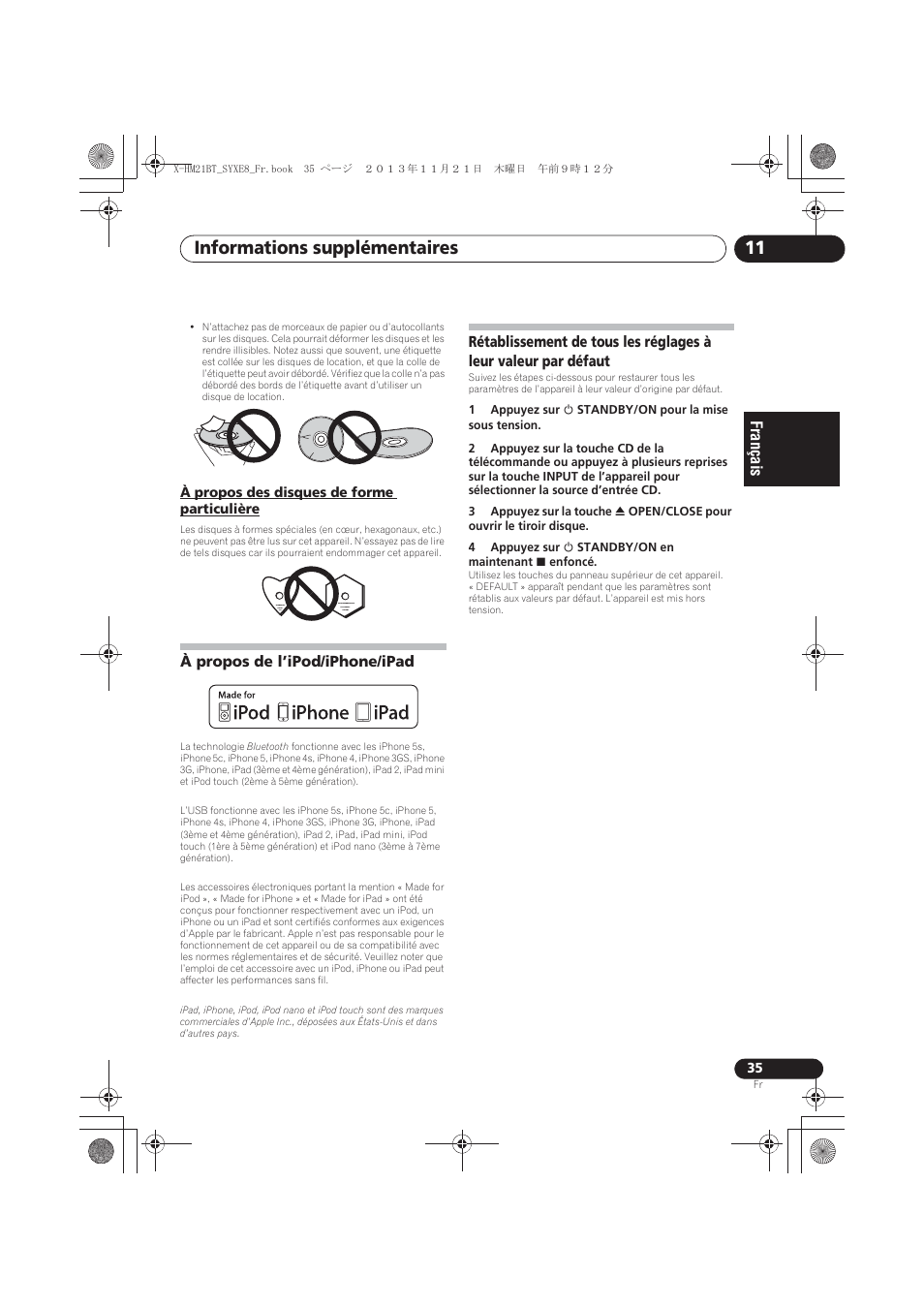 À propos des disques de forme particulière, À propos de l’ipod/iphone/ipad, Défaut | Informations supplémentaires 11 | Pioneer X-HM21BT-S User Manual | Page 71 / 256