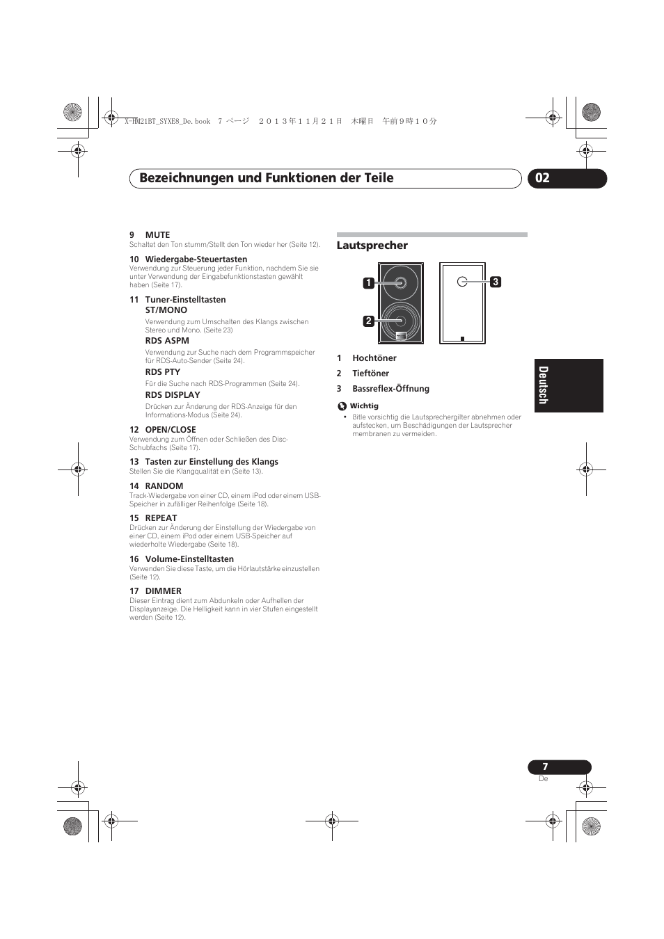 Lautsprecher, Bezeichnungen und funktionen der teile 02 | Pioneer X-HM21BT-S User Manual | Page 79 / 256