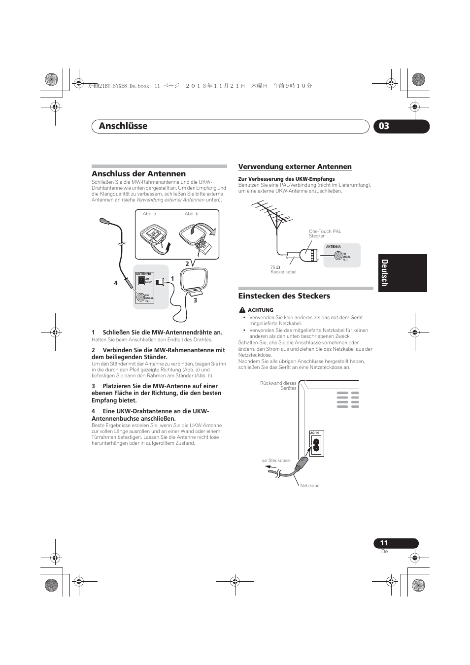 Anschluss der antennen, Verwendung externer antennen, Einstecken des steckers | Anschlüsse 03 | Pioneer X-HM21BT-S User Manual | Page 83 / 256