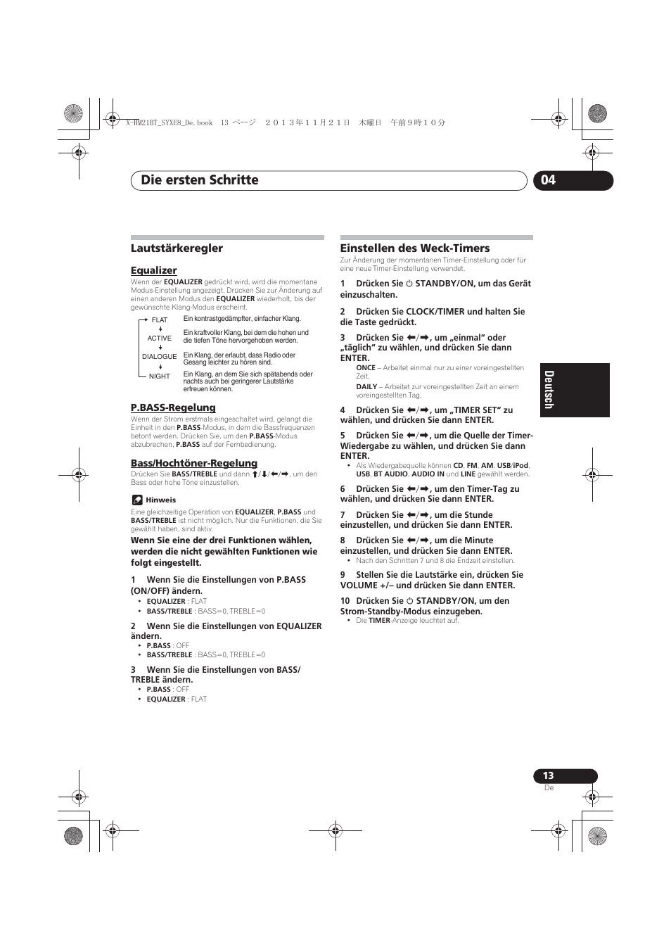 Lautstärkeregler, Equalizer, P.bass-regelung | Bass/hochtöner-regelung, Einstellen des weck-timers, Die ersten schritte 04 | Pioneer X-HM21BT-S User Manual | Page 85 / 256