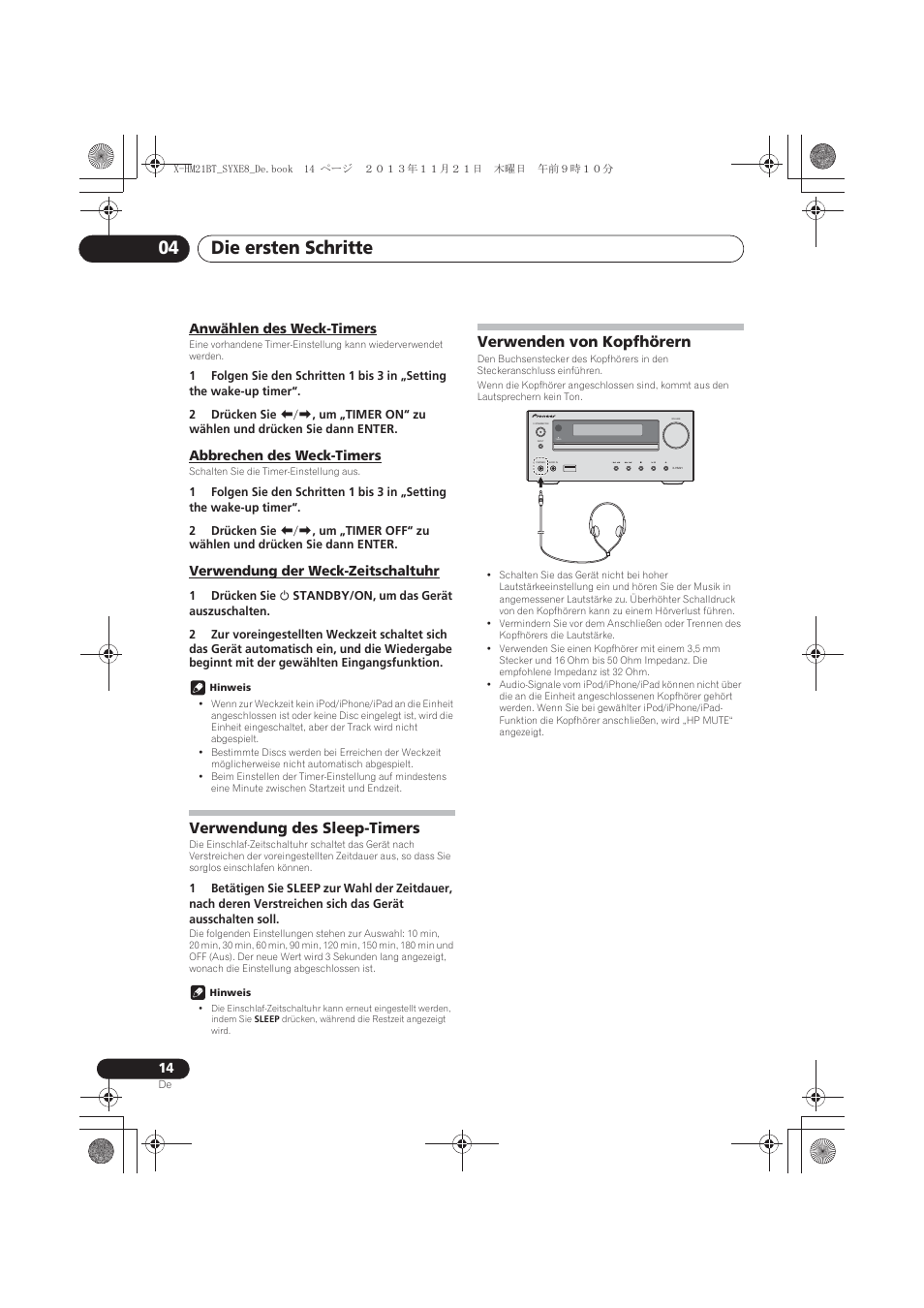 Anwählen des weck-timers, Abbrechen des weck-timers, Verwendung der weck-zeitschaltuhr | Verwendung des sleep-timers, Verwenden von kopfhörern, Die ersten schritte 04, Timer | Pioneer X-HM21BT-S User Manual | Page 86 / 256