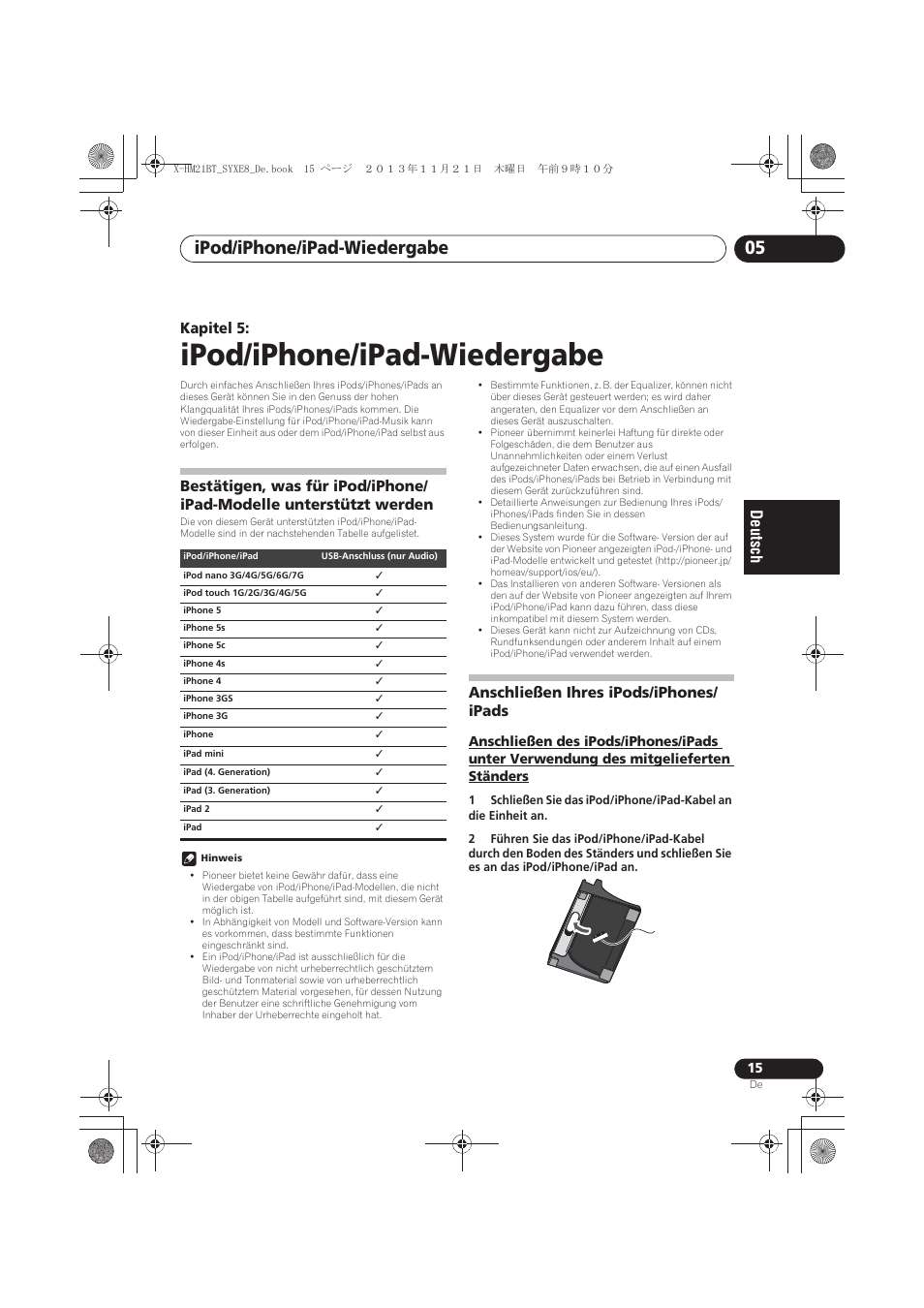 05 ipod/iphone/ipad-wiedergabe, Bestätigen, was für ipod/iphone/ipad-modelle, Unterstützt werden | Anschließen ihres ipods/iphones/ ipads, Anschließen des ipods/iphones/ipads unter, Verwendung des mitgelieferten ständers, Ipod/iphone/ipad-wiedergabe, Ipod/iphone/ipad-wiedergabe 05, Kapitel 5 | Pioneer X-HM21BT-S User Manual | Page 87 / 256