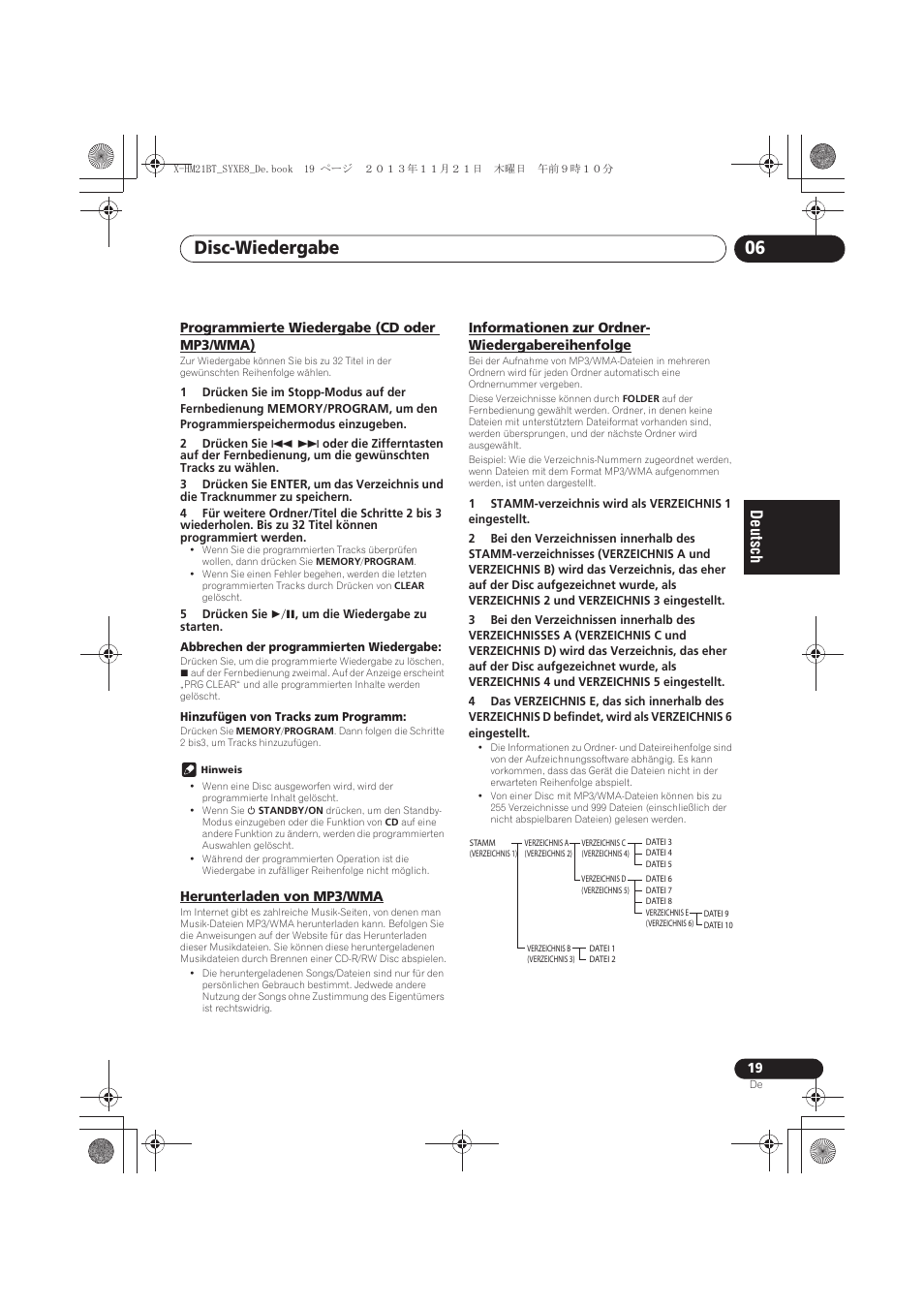 Programmierte wiedergabe (cd oder mp3/wma), Herunterladen von mp3/wma, Informationen zur ordner-wiedergabereihenfolge | Disc-wiedergabe 06 | Pioneer X-HM21BT-S User Manual | Page 91 / 256