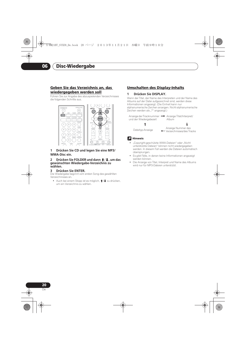 Geben sie das verzeichnis an, das wiedergegeben, Werden soll, Umschalten des display-inhalts | Disc-wiedergabe 06, 1drücken sie display | Pioneer X-HM21BT-S User Manual | Page 92 / 256