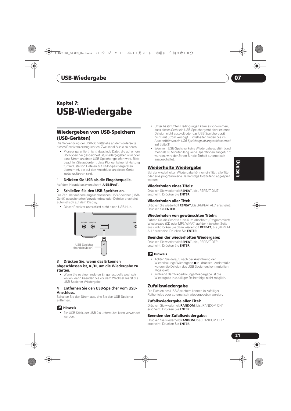 07 usb-wiedergabe, Wiedergeben von usb-speichern (usb-geräten), Wiederholte wiedergabe | Zufallswiedergabe, Usb-wiedergabe, Usb-wiedergabe 07, Kapitel 7 | Pioneer X-HM21BT-S User Manual | Page 93 / 256