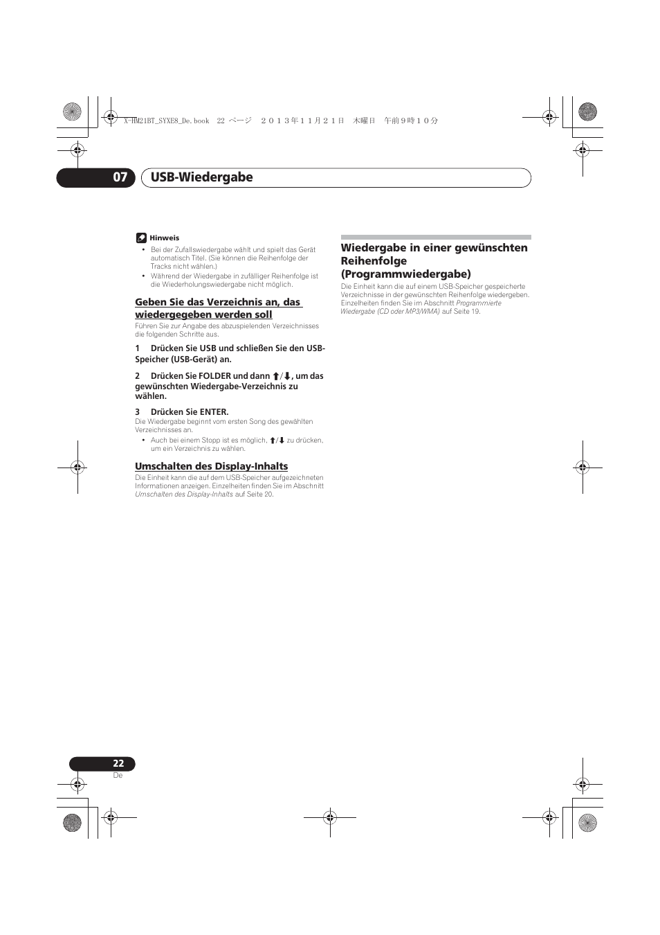 Geben sie das verzeichnis an, das wiedergegeben, Werden soll, Umschalten des display-inhalts | Wiedergabe in einer gewünschten reihenfolge, Programmwiedergabe), Usb-wiedergabe 07 | Pioneer X-HM21BT-S User Manual | Page 94 / 256