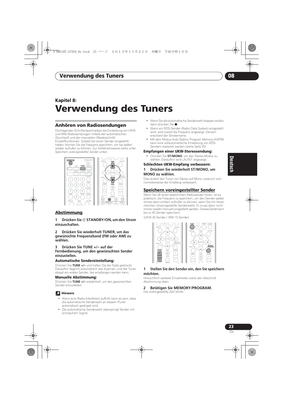 08 verwendung des tuners, Anhören von radiosendungen, Abstimmung | Speichern voreingestellter sender, Verwendung des tuners, Verwendung des tuners 08, Kapitel 8, Manuelle abstimmung, Empfangen einer ukw-stereosendung | Pioneer X-HM21BT-S User Manual | Page 95 / 256