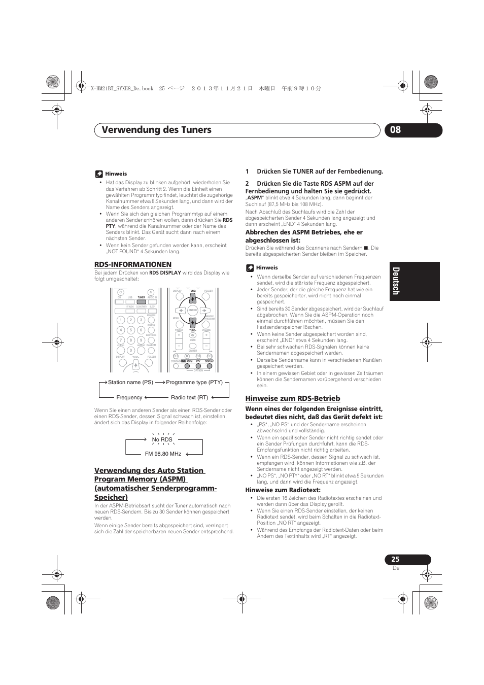 Rds-informationen, Verwendung des auto station program memory (aspm), Automatischer senderprogramm-speicher) | Hinweise zum rds-betrieb, Verwendung des tuners 08 | Pioneer X-HM21BT-S User Manual | Page 97 / 256