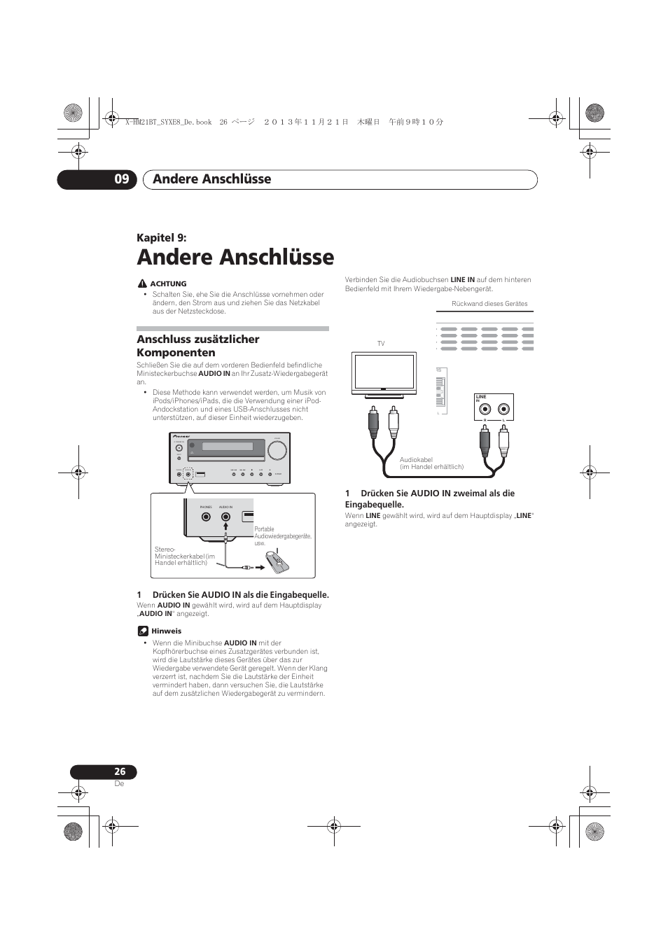 09 andere anschlüsse, Anschluss zusätzlicher komponenten, Andere anschlüsse | Andere anschlüsse 09, Kapitel 9, Timer | Pioneer X-HM21BT-S User Manual | Page 98 / 256