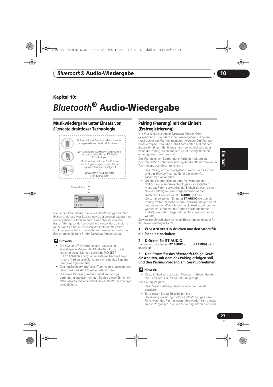 10 bluetooth ® audio-wiedergabe, Musikwiedergabe unter einsatz von bluetooth, Drahtloser technologie | Pairing (paarung) mit der einheit, Erstregistrierung), Bluetooth, Audio-wiedergabe, Bluetooth ® audio-wiedergabe, Kapitel 10 | Pioneer X-HM21BT-S User Manual | Page 99 / 256