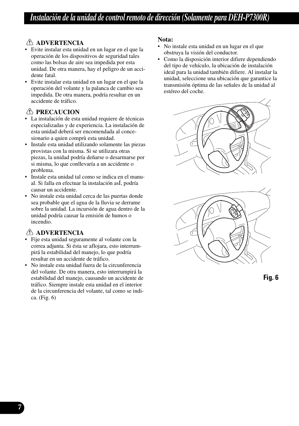 Instalación de la unidad de control, Remoto de dirección (solamente para deh-p7300r), A title (english) | Pioneer DEH-P6300R User Manual | Page 16 / 52