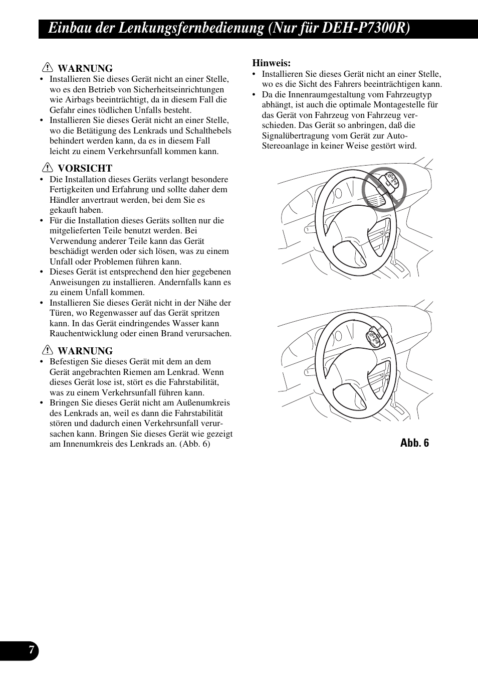 Einbau der, Lenkungsfernbedienung (nur für deh-p7300r), A title (english) | Pioneer DEH-P6300R User Manual | Page 24 / 52