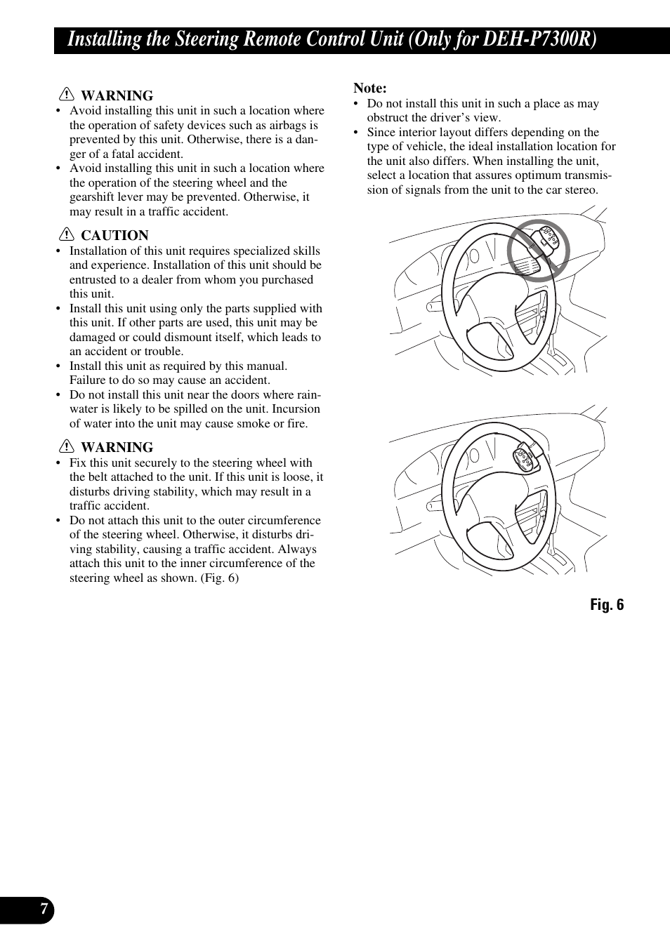 Installing the, Steering remote control unit (only for deh-p7300r), A title (english) | Pioneer DEH-P6300R User Manual | Page 8 / 52