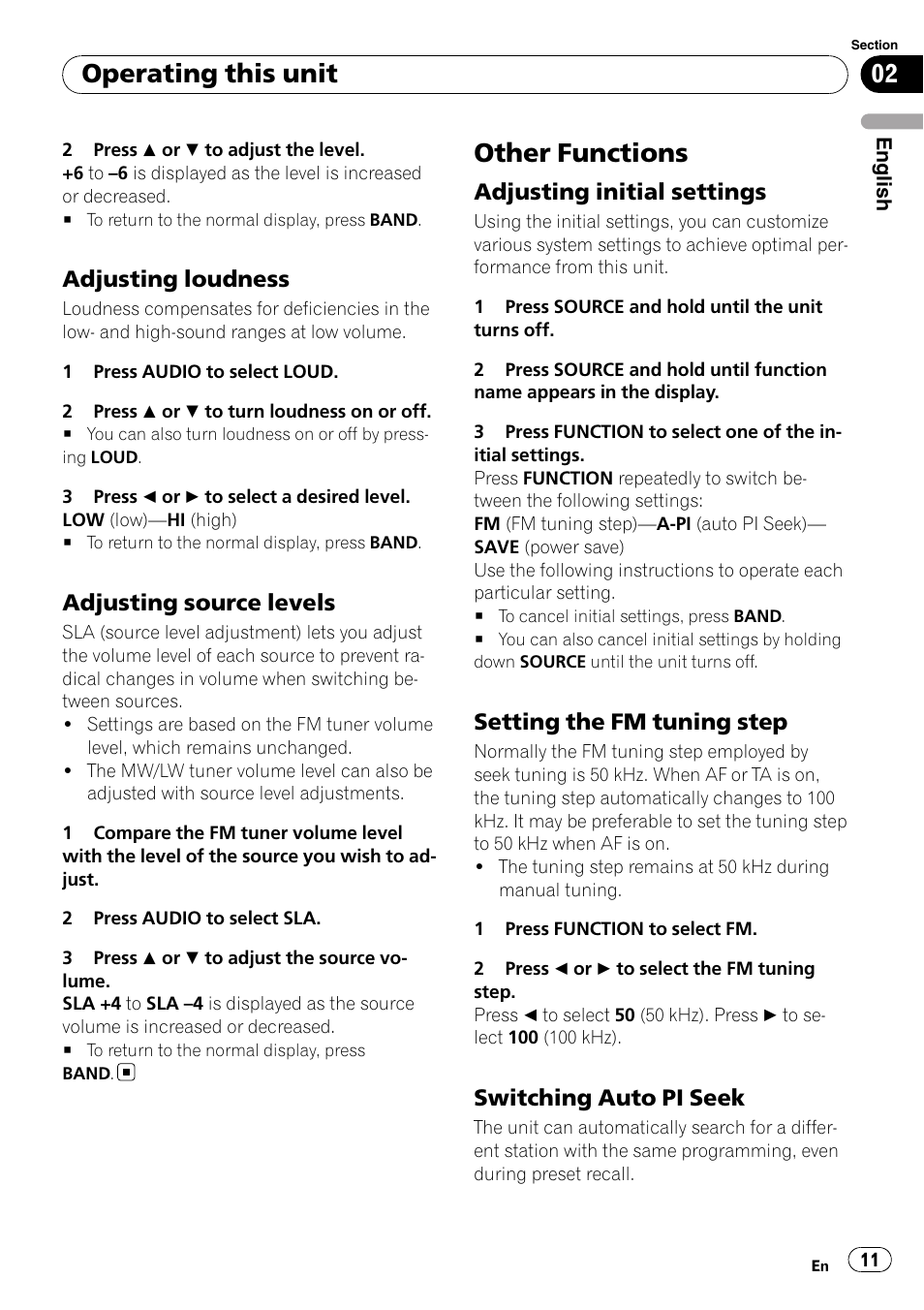 Adjusting loudness 11, Adjusting source levels 11, Other functions | Adjusting initial settings 11, Setting the fm tuning step 11, Switching auto pi seek 11, Operating this unit, Adjusting loudness, Adjusting source levels, Adjusting initial settings | Pioneer DEH-1900R User Manual | Page 11 / 109