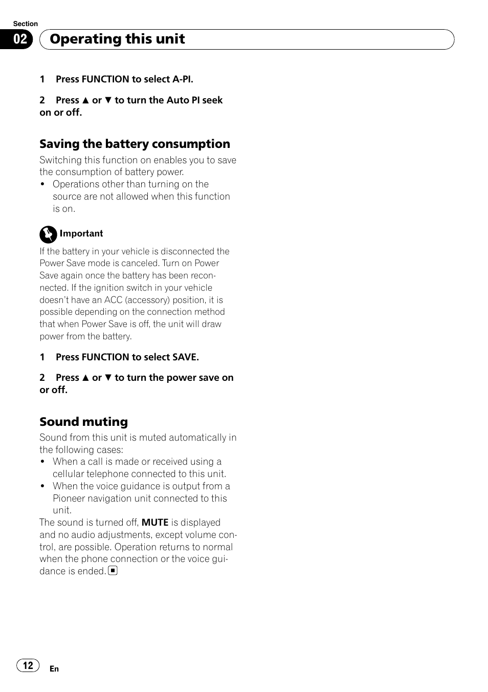 Saving the battery consumption 12, Sound muting 12, Operating this unit | Saving the battery consumption, Sound muting | Pioneer DEH-1900R User Manual | Page 12 / 109