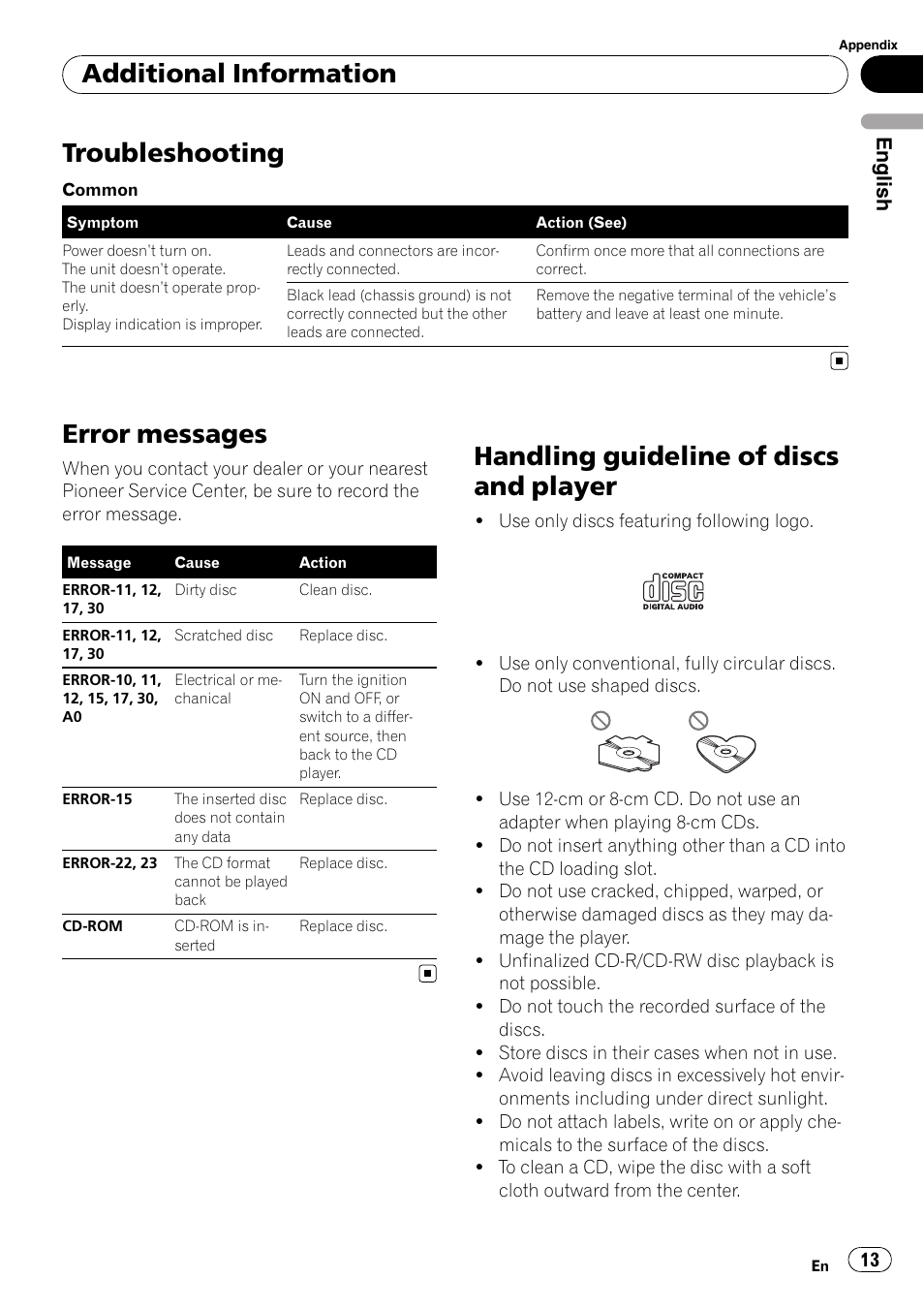 Additional information troubleshooting, Error messages, Handling guideline of discs and player | Troubleshooting, Additional information, English | Pioneer DEH-1900R User Manual | Page 13 / 109