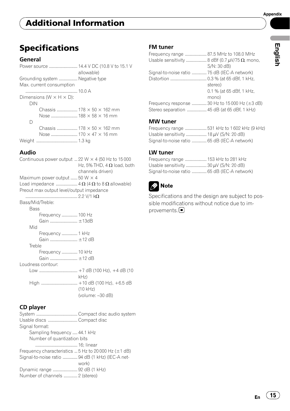 Specifications, Additional information, English | Pioneer DEH-1900R User Manual | Page 15 / 109