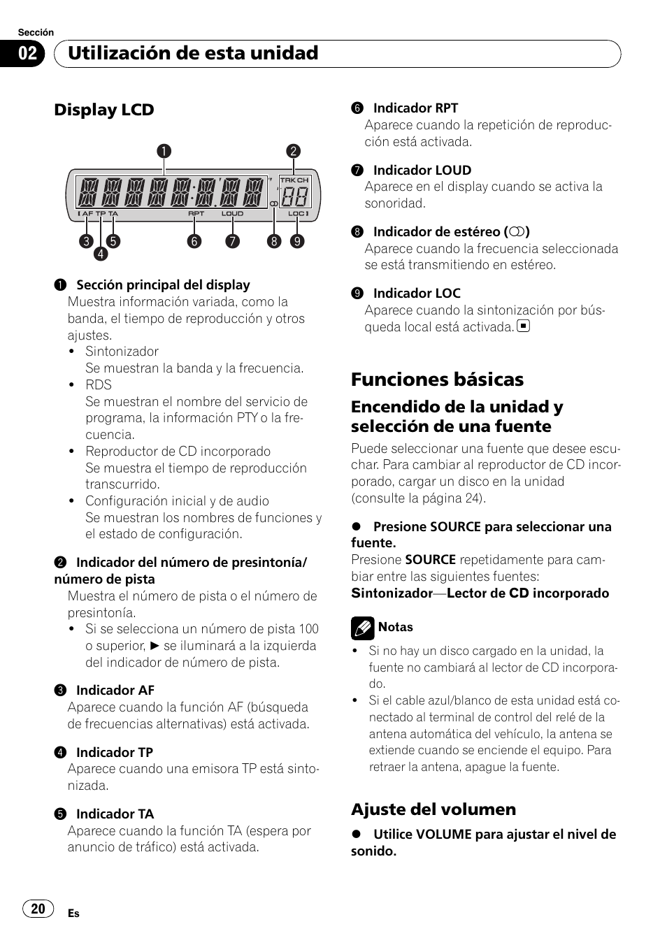 Display lcd 20, Funciones básicas, Encendido de la unidad y selección de | Una fuente, Ajuste del volumen 20, Utilización de esta unidad | Pioneer DEH-1900R User Manual | Page 20 / 109