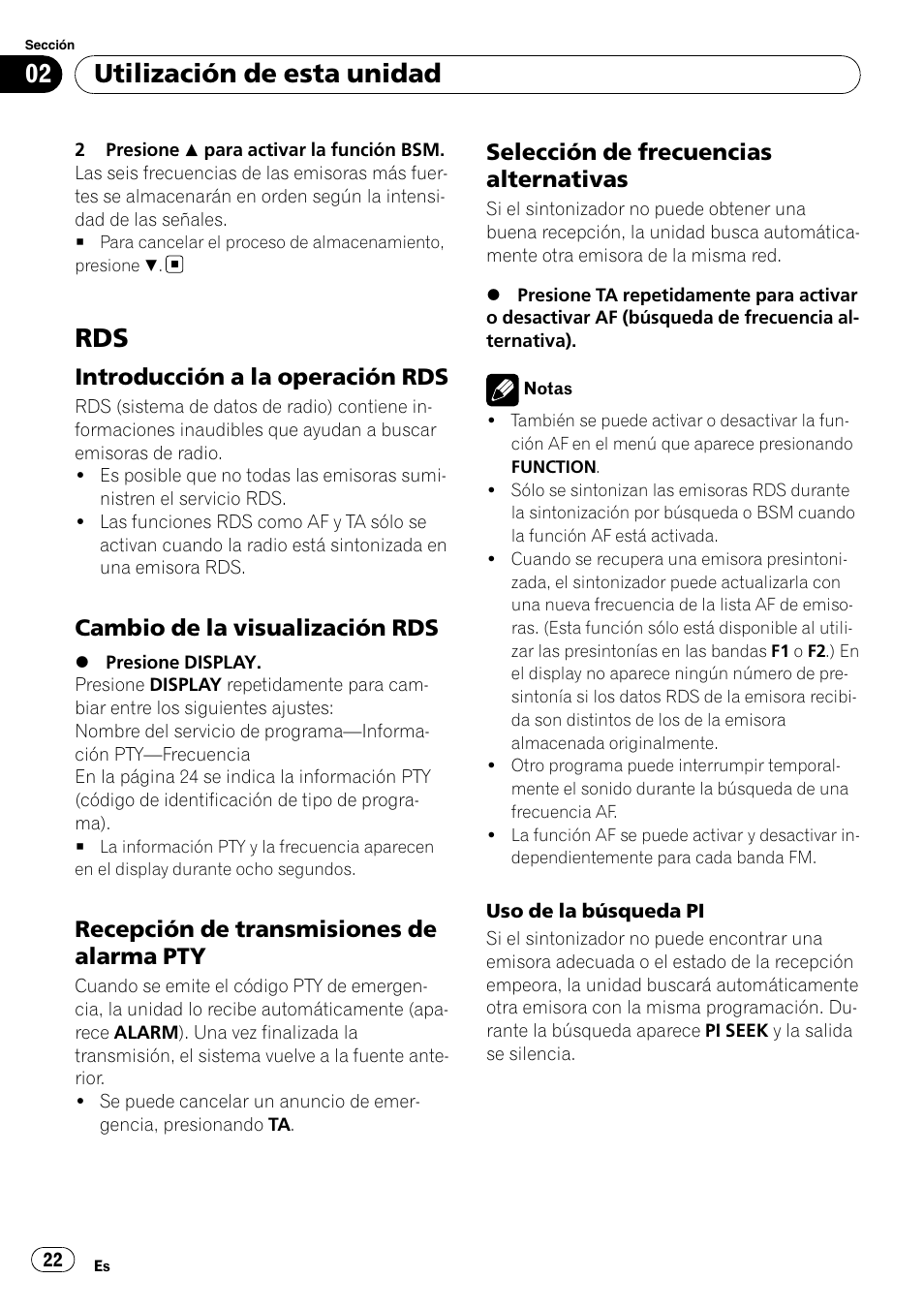 Introducción a la operación rds 22, Cambio de la visualización rds 22, Recepción de transmisiones de alarma | Selección de frecuencias, Alternativas, Utilización de esta unidad, Introducción a la operación rds, Cambio de la visualización rds, Recepción de transmisiones de alarma pty, Selección de frecuencias alternativas | Pioneer DEH-1900R User Manual | Page 22 / 109