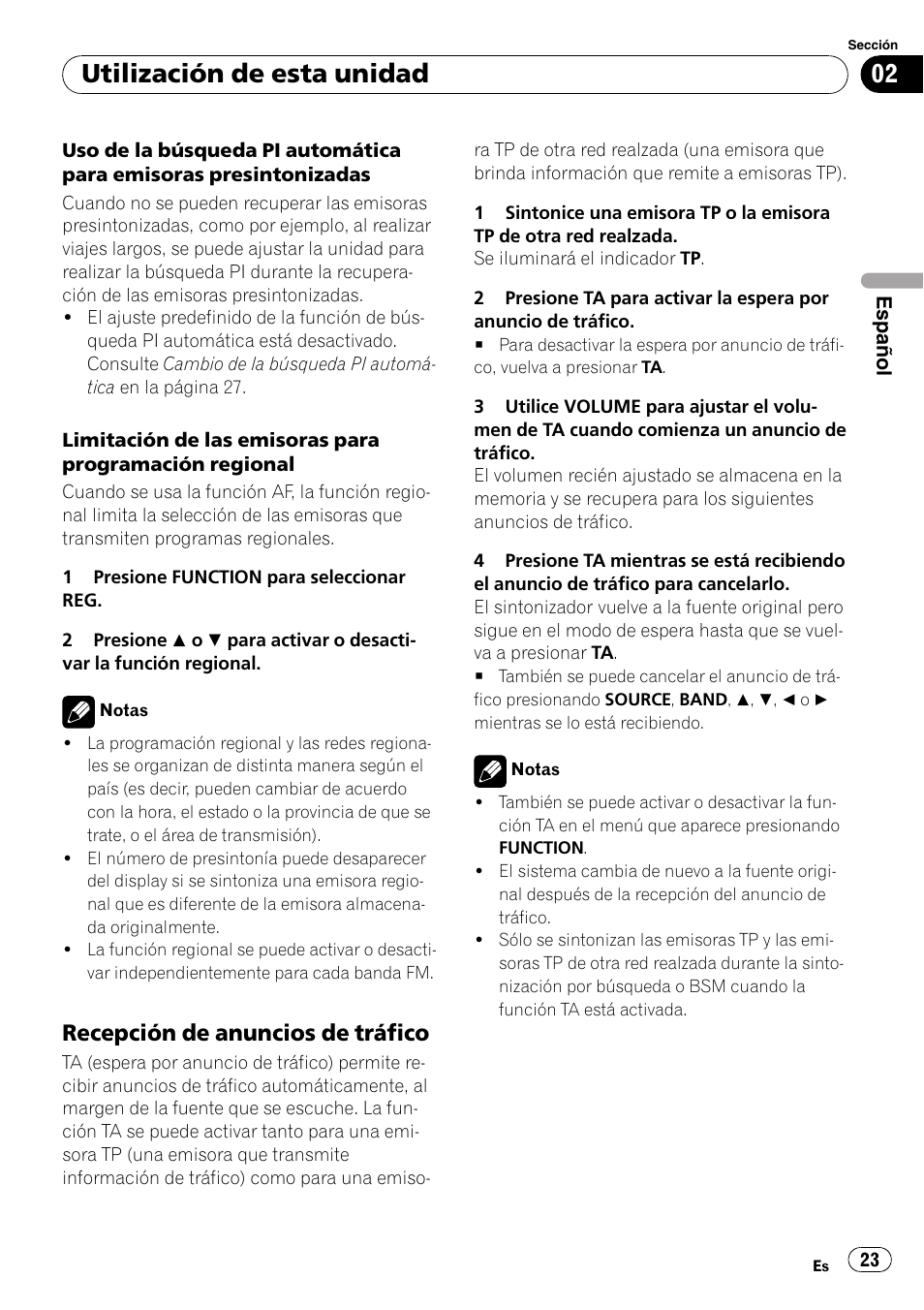 Recepción de anuncios de tráfico 23, Utilización de esta unidad, Recepción de anuncios de tráfico | Pioneer DEH-1900R User Manual | Page 23 / 109