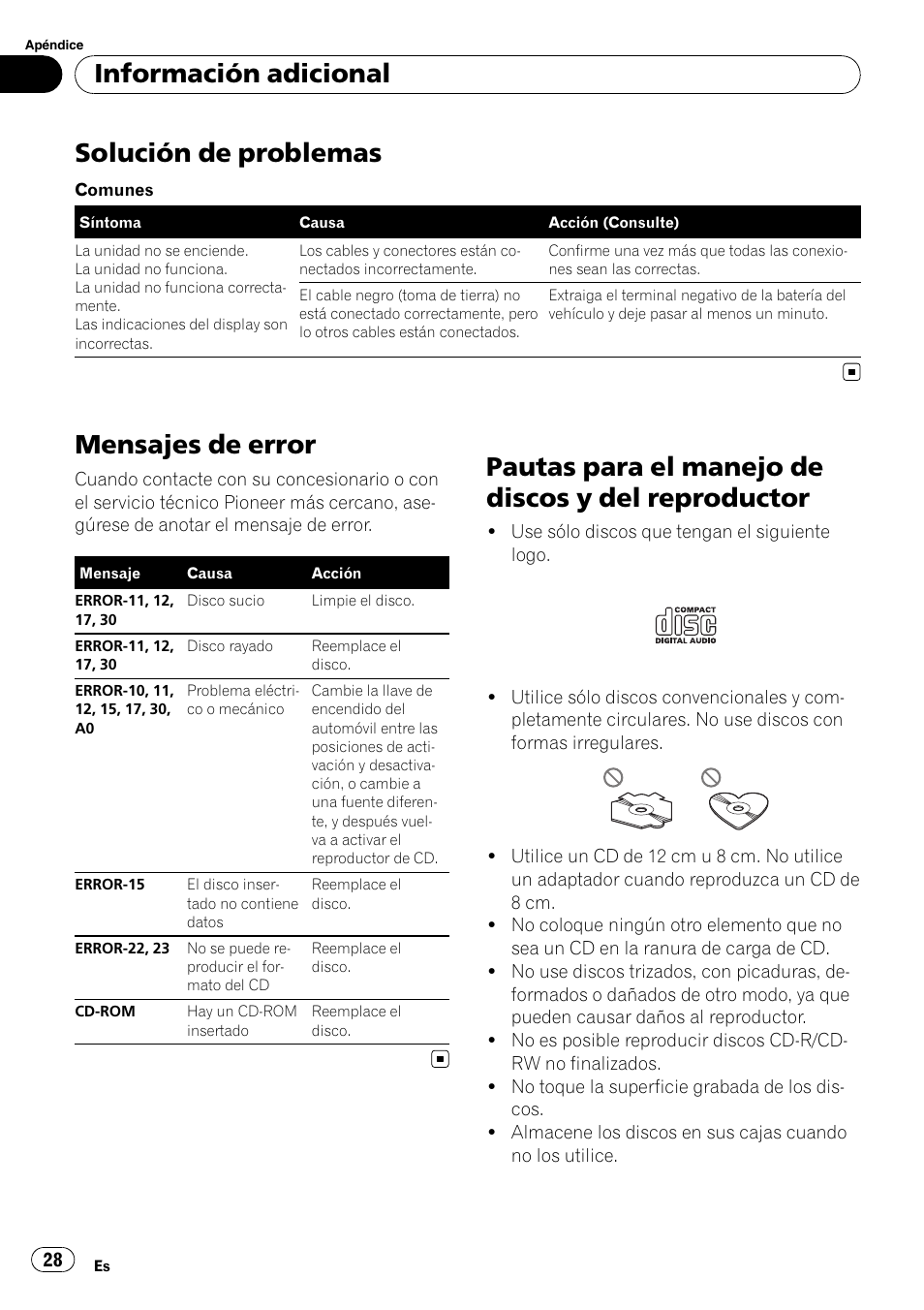 Información adicional solución de problemas, Mensajes de error, Pautas para el manejo de discos y del | Reproductor, Solución de problemas, Pautas para el manejo de discos y del reproductor, Información adicional | Pioneer DEH-1900R User Manual | Page 28 / 109
