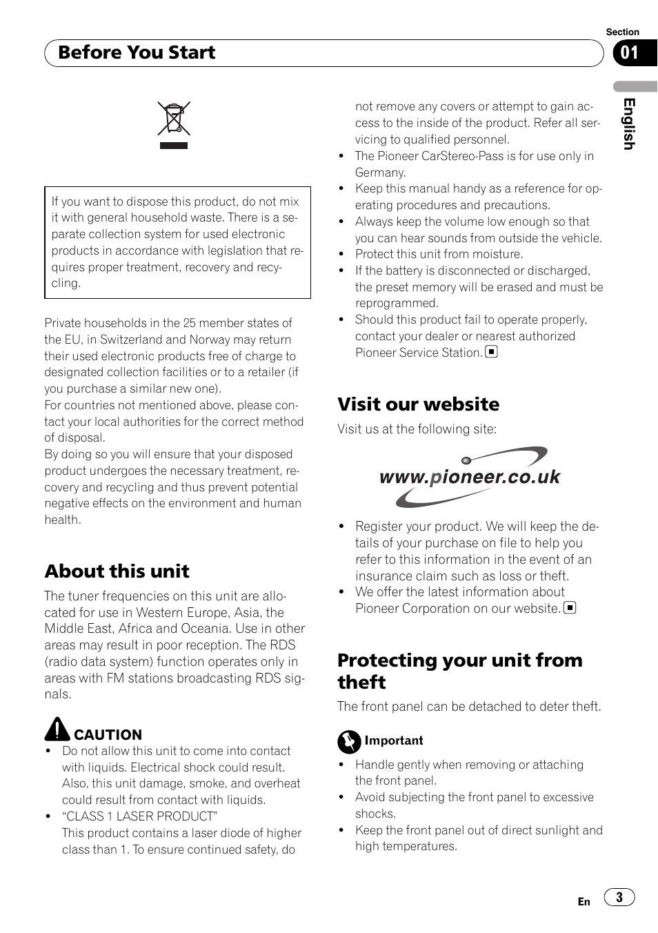 Before you start, About this unit, Visit our website | Protecting your unit from theft | Pioneer DEH-1900R User Manual | Page 3 / 109