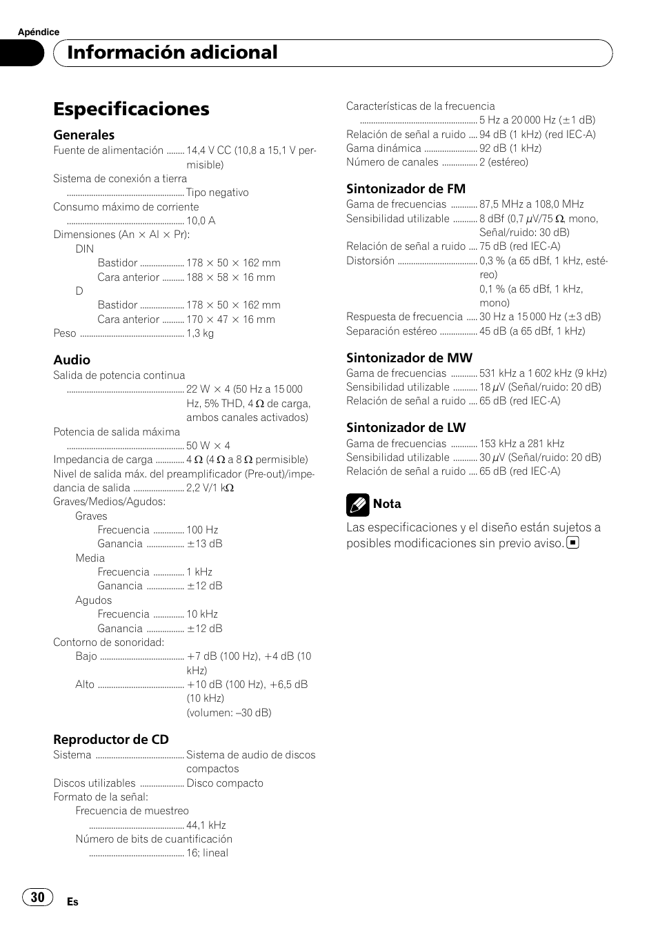 Especificaciones, Información adicional | Pioneer DEH-1900R User Manual | Page 30 / 109