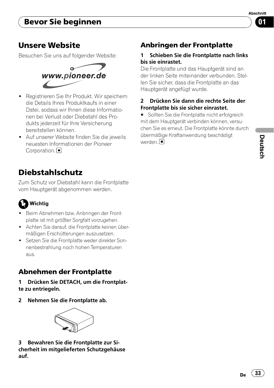 Unsere website, Diebstahlschutz, Abnehmen der frontplatte 33 | Anbringen der frontplatte 33, Bevor sie beginnen | Pioneer DEH-1900R User Manual | Page 33 / 109