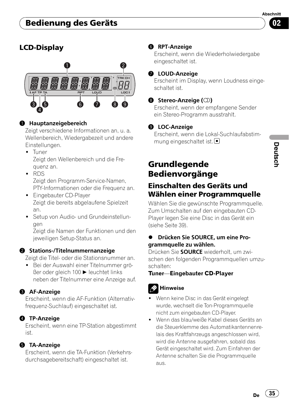 Lcd-display 35, Grundlegende bedienvorgänge, Einschalten des geräts und wählen | Einer programmquelle, Bedienung des geräts | Pioneer DEH-1900R User Manual | Page 35 / 109