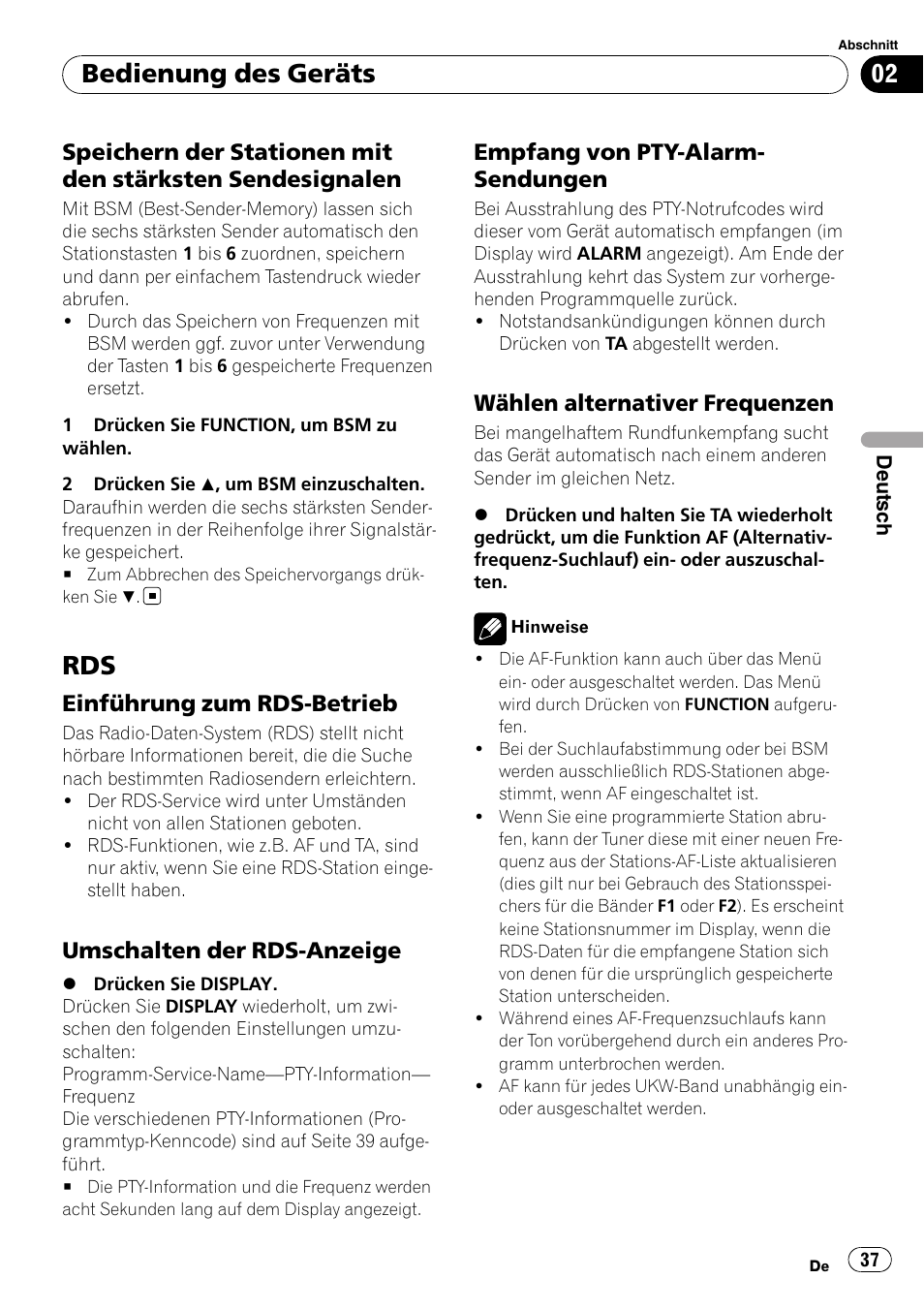 Speichern der stationen mit den, Stärksten sendesignalen, Einführung zum rds-betrieb 37 | Umschalten der rds-anzeige 37, Empfang von pty-alarm, Sendungen, Wählen alternativer frequenzen 37, Bedienung des geräts, Einführung zum rds-betrieb, Umschalten der rds-anzeige | Pioneer DEH-1900R User Manual | Page 37 / 109