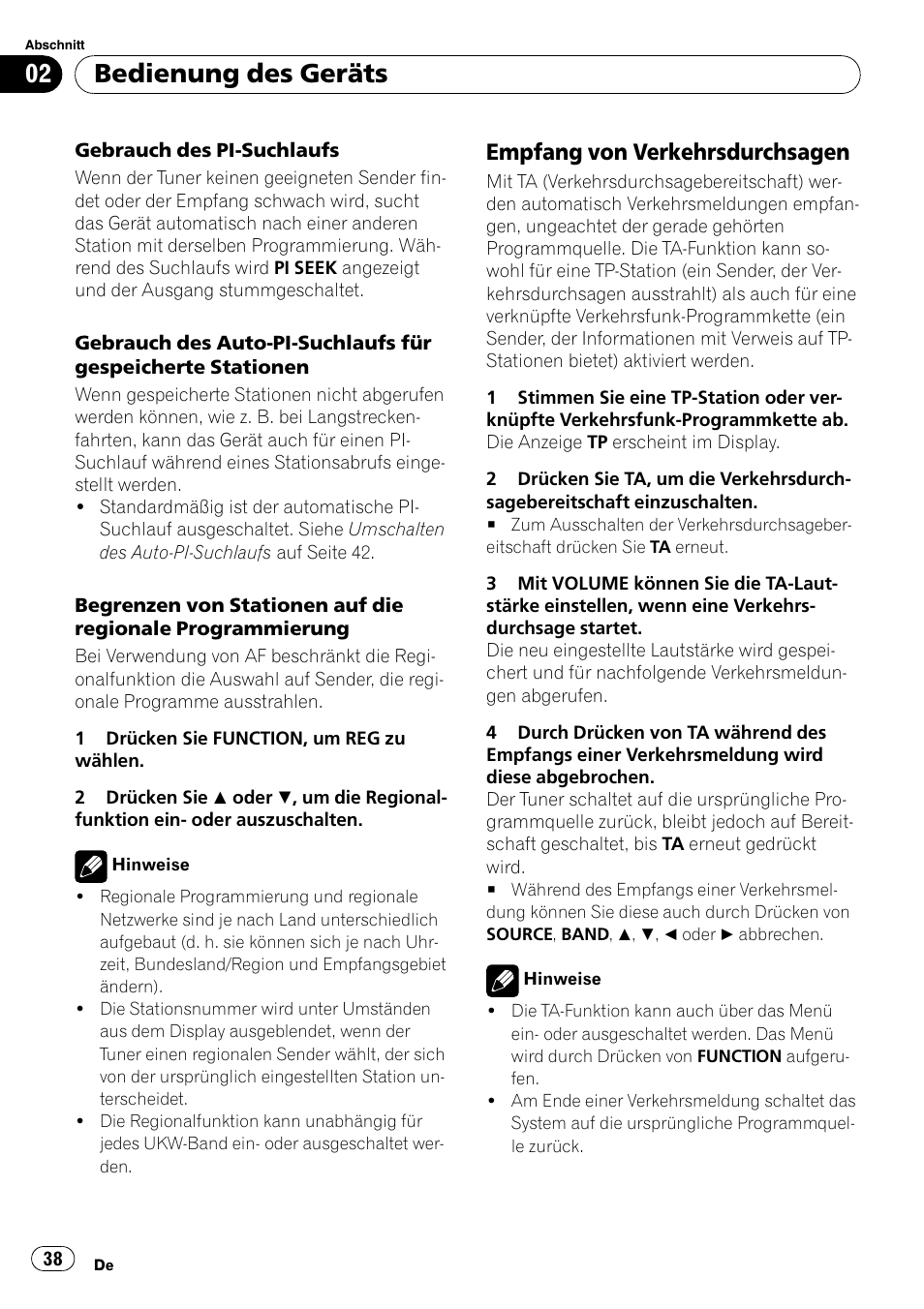 Empfang von verkehrsdurchsagen 38, Bedienung des geräts, Empfang von verkehrsdurchsagen | Pioneer DEH-1900R User Manual | Page 38 / 109