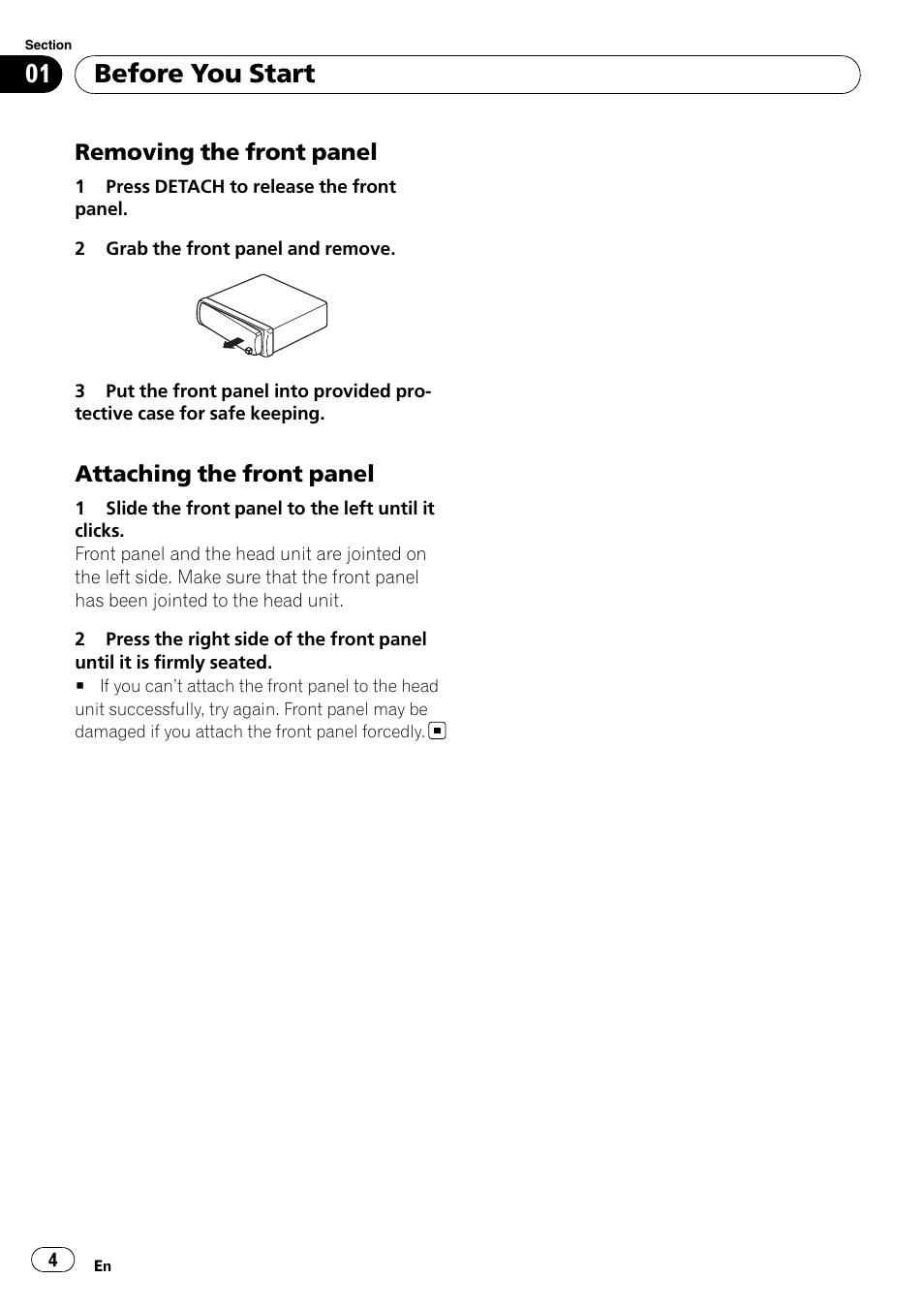 Removing the front panel 4, Attaching the front panel 4, Before you start | Pioneer DEH-1900R User Manual | Page 4 / 109