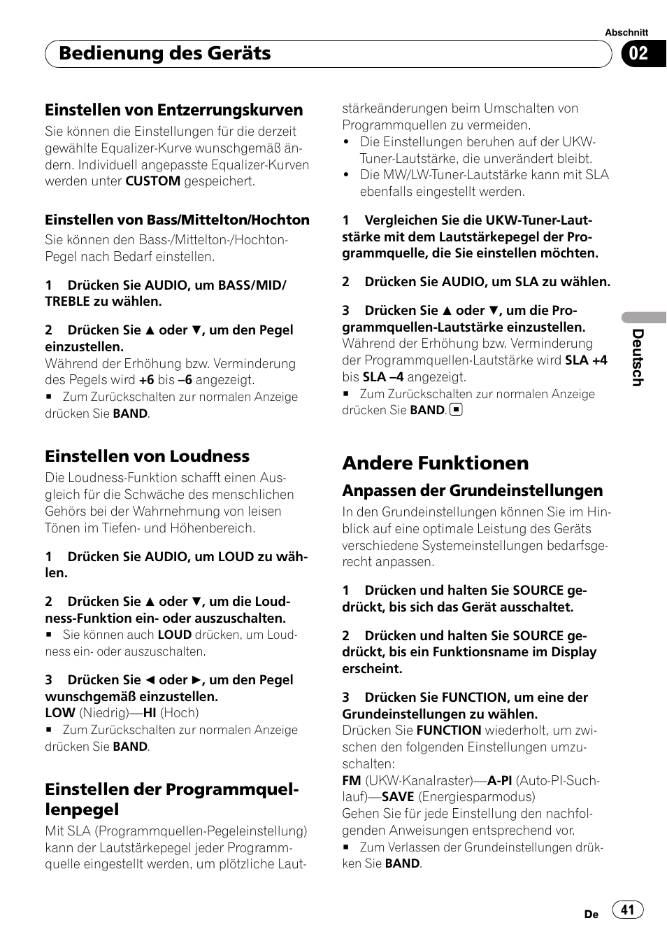 Einstellen von entzerrungskurven 41, Einstellen von loudness 41, Einstellen der | Programmquellenpegel, Andere funktionen, Anpassen der grundeinstellungen 41, Bedienung des geräts, Einstellen von entzerrungskurven, Einstellen von loudness, Einstellen der programmquel- lenpegel | Pioneer DEH-1900R User Manual | Page 41 / 109