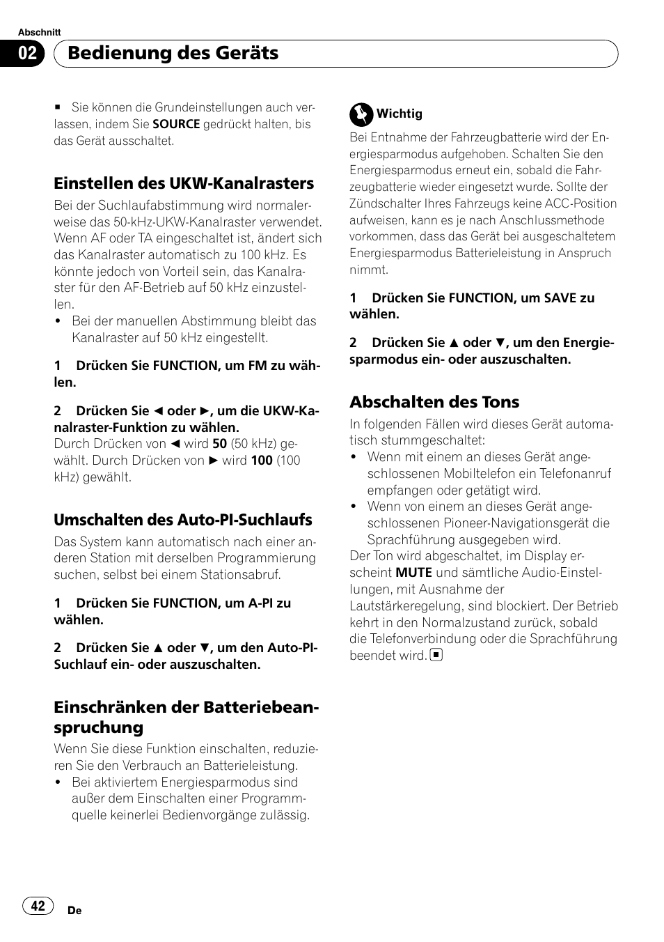 Einstellen des ukw-kanalrasters 42, Umschalten des auto-pi, Suchlaufs | Einschränken der, Batteriebeanspruchung, Abschalten des tons 42, Bedienung des geräts, Einstellen des ukw-kanalrasters, Umschalten des auto-pi-suchlaufs, Einschränken der batteriebean- spruchung | Pioneer DEH-1900R User Manual | Page 42 / 109