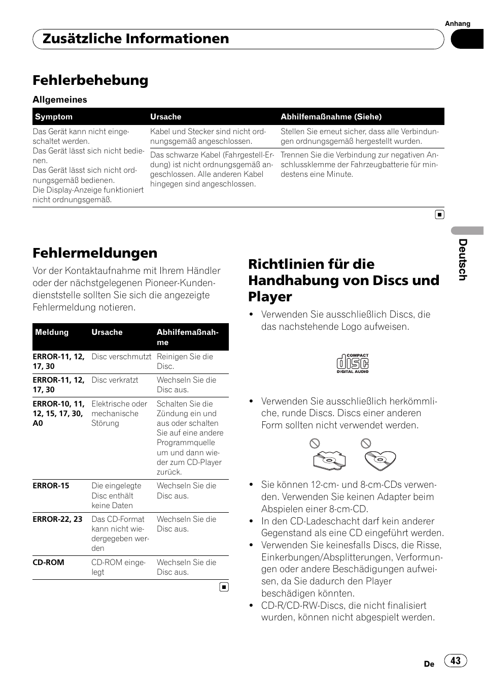 Zusätzliche informationen fehlerbehebung, Fehlermeldungen, Richtlinien für die handhabung von discs | Und player, Fehlerbehebung, Zusätzliche informationen, Deutsch | Pioneer DEH-1900R User Manual | Page 43 / 109