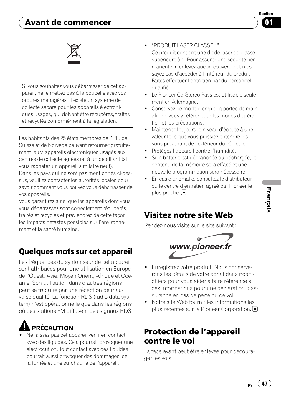 Avant de commencer, Quelques mots sur cet appareil, Visitez notre site web | Protection de l, Appareil contre le vol 47, Protection de l ’appareil contre le vol | Pioneer DEH-1900R User Manual | Page 47 / 109