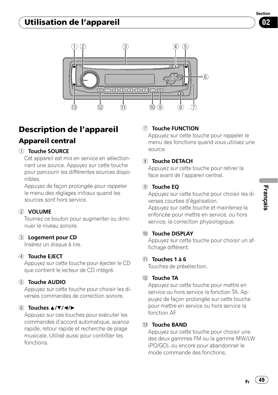 Utilisation de l, Appareil, Description de l | Appareil 49, Appareil central 49, Description de l ’appareil, Utilisation de l ’appareil | Pioneer DEH-1900R User Manual | Page 49 / 109