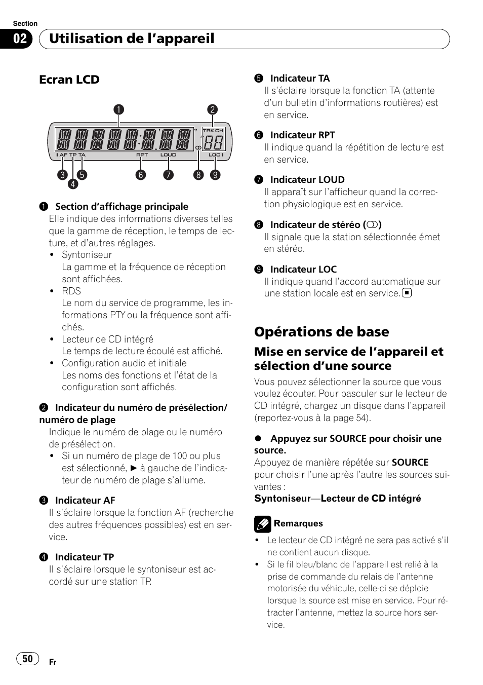 Ecran lcd 50, Opérations de base, Mise en service de l’appareil et | Sélection d, Une source 50, Utilisation de l ’appareil | Pioneer DEH-1900R User Manual | Page 50 / 109