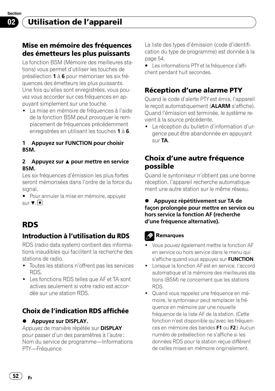 Mise en mémoire des fréquences des, Émetteurs les plus puissants, Introduction à l’utilisation du rds 52 | Choix de l’indication rds affichée 52, Réception d’une alarme pty 52, Choix d’une autre fréquence, Possible, Utilisation de l ’appareil | Pioneer DEH-1900R User Manual | Page 52 / 109