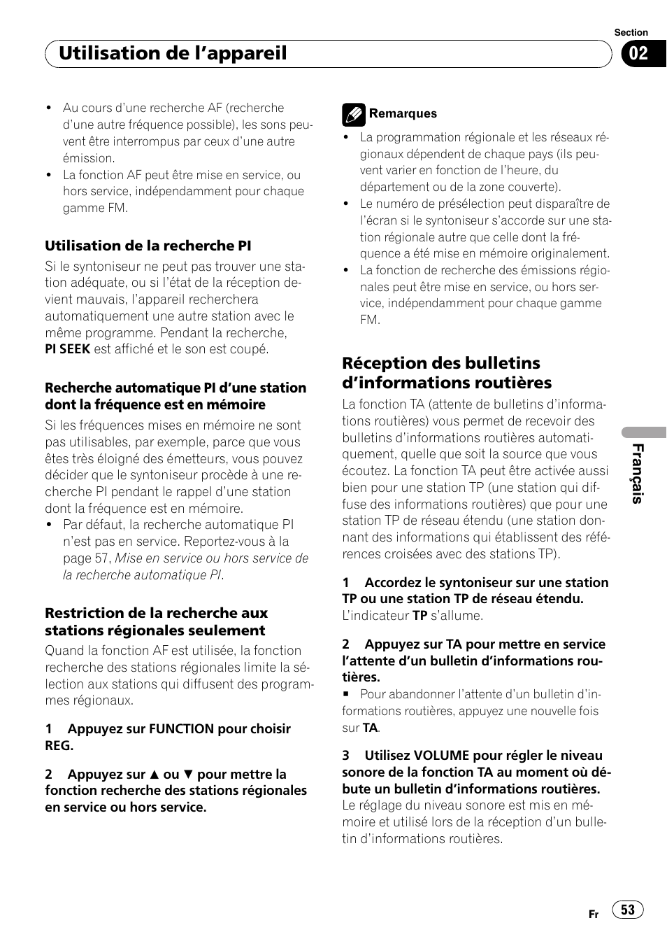 Réception des bulletins d’informations, Routières, Utilisation de l ’appareil | Réception des bulletins d ’informations routières | Pioneer DEH-1900R User Manual | Page 53 / 109