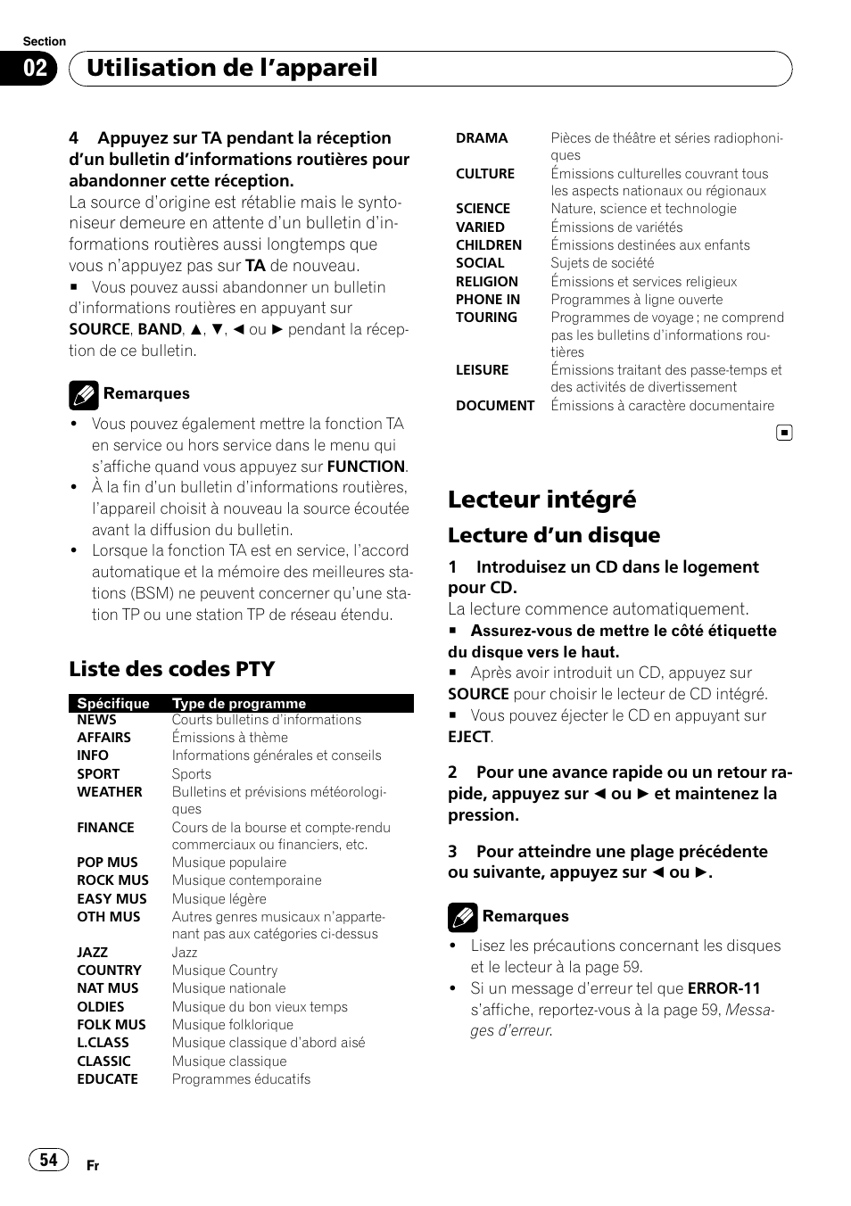 Liste des codes pty 54, Lecteur intégré, Lecture d’un disque 54 | Utilisation de l ’appareil, Liste des codes pty, Lecture d ’un disque | Pioneer DEH-1900R User Manual | Page 54 / 109