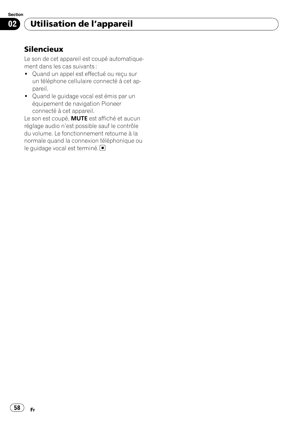 Silencieux 58, Utilisation de l ’appareil | Pioneer DEH-1900R User Manual | Page 58 / 109