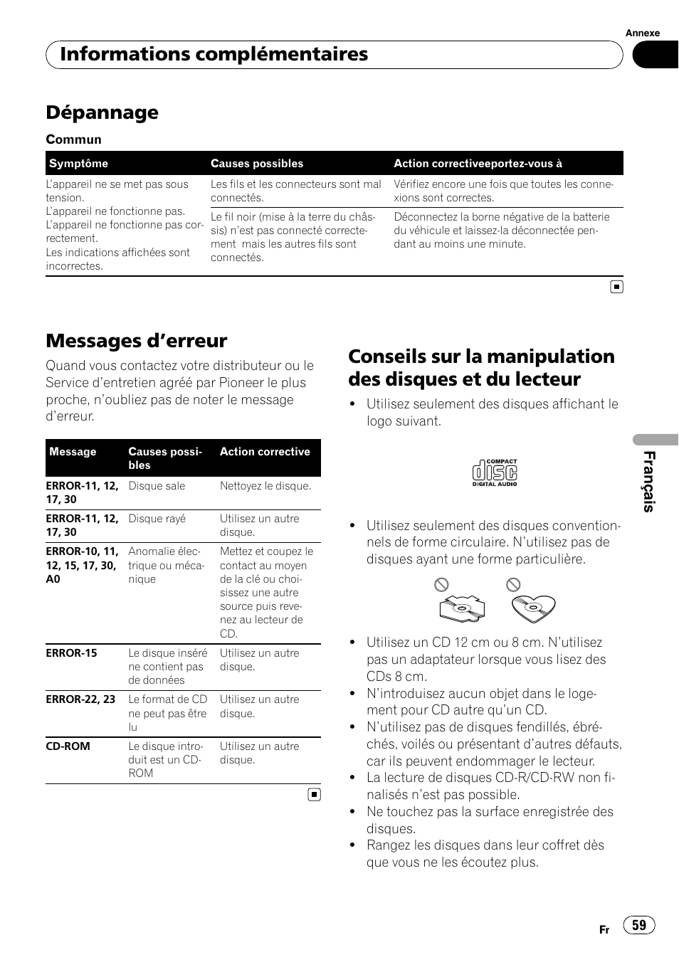 Informations complémentaires dépannage, Messages d, Erreur 59 | Conseils sur la manipulation des disques et, Du lecteur, Ges d, Erreur, Dépannage, Messages d ’erreur, Informations complémentaires | Pioneer DEH-1900R User Manual | Page 59 / 109