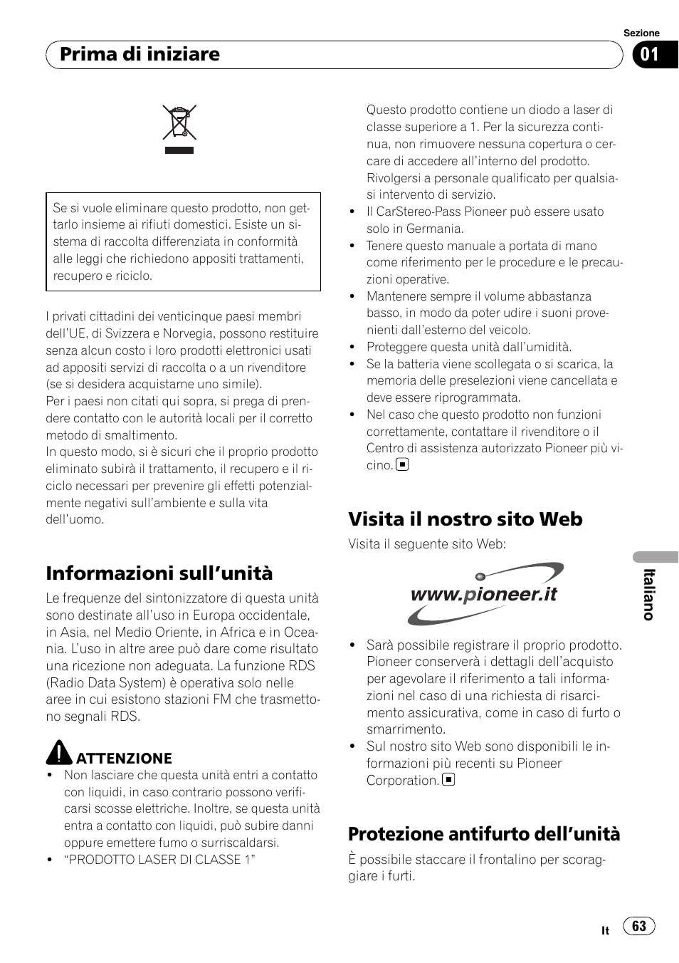 Prima di iniziare, Informazioni sull, Unità 63 | Visita il nostro sito web, Protezione antifurto dell, Informazioni sull ’unità, Protezione antifurto dell ’unità | Pioneer DEH-1900R User Manual | Page 63 / 109