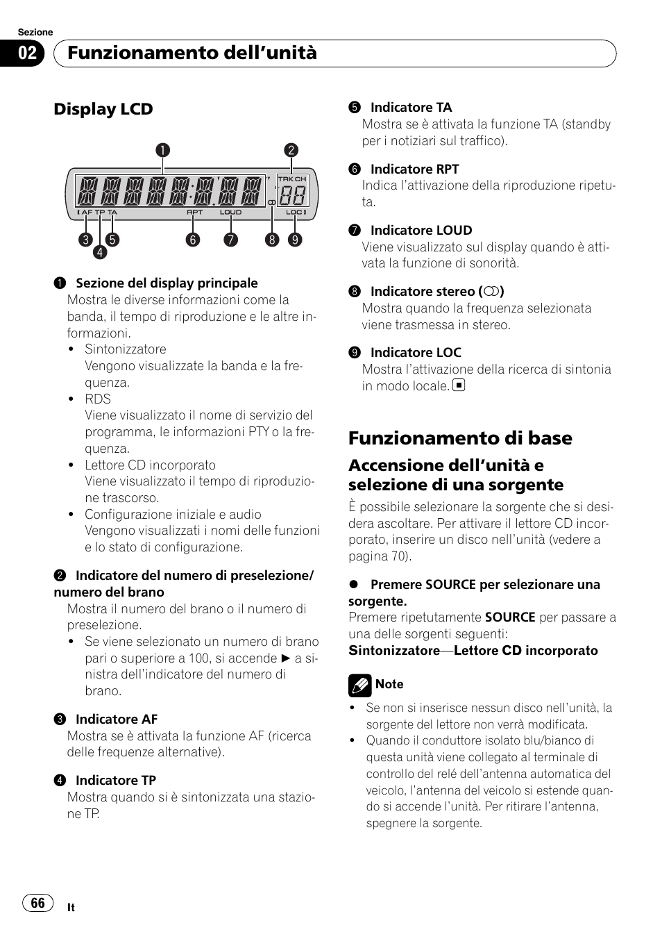 Display lcd 66, Funzionamento di base, Accensione dell’unità e selezione di | Una sorgente, Funzionamento dell ’unità | Pioneer DEH-1900R User Manual | Page 66 / 109